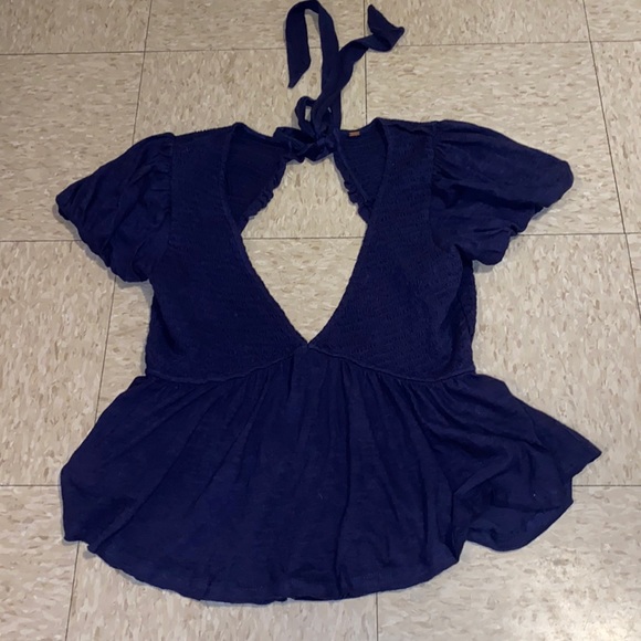 Free People Tops - Free People Blue Belle Puff Sleeve Plunge Crop Top in Rich Purple/Blue Approx L
